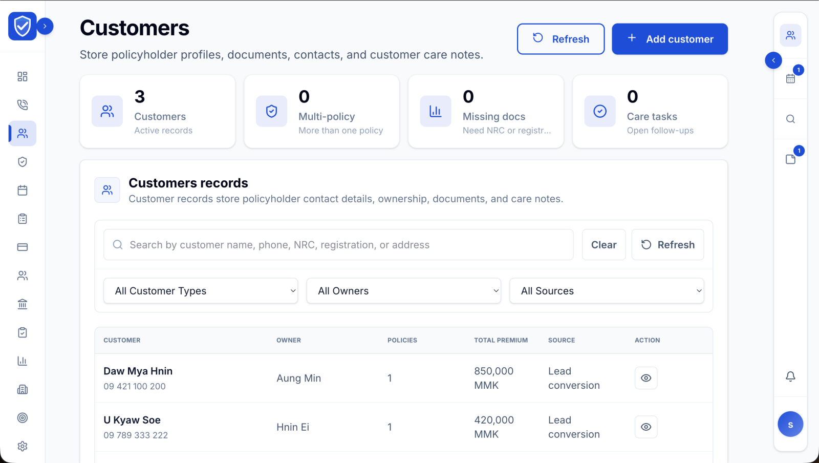 Yalat Kaung customer profile screen