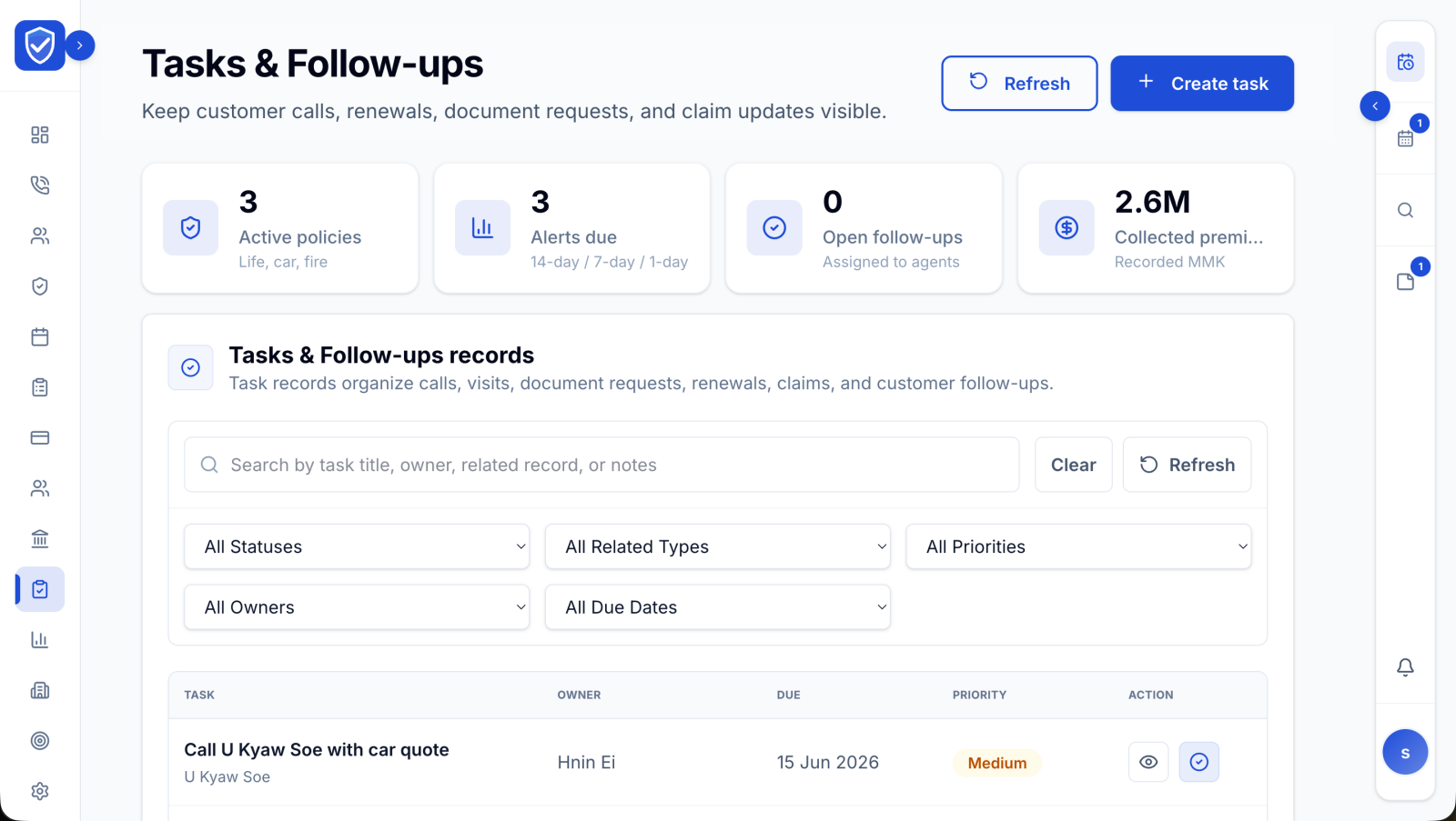 Yalat Kaung task and follow-up screen